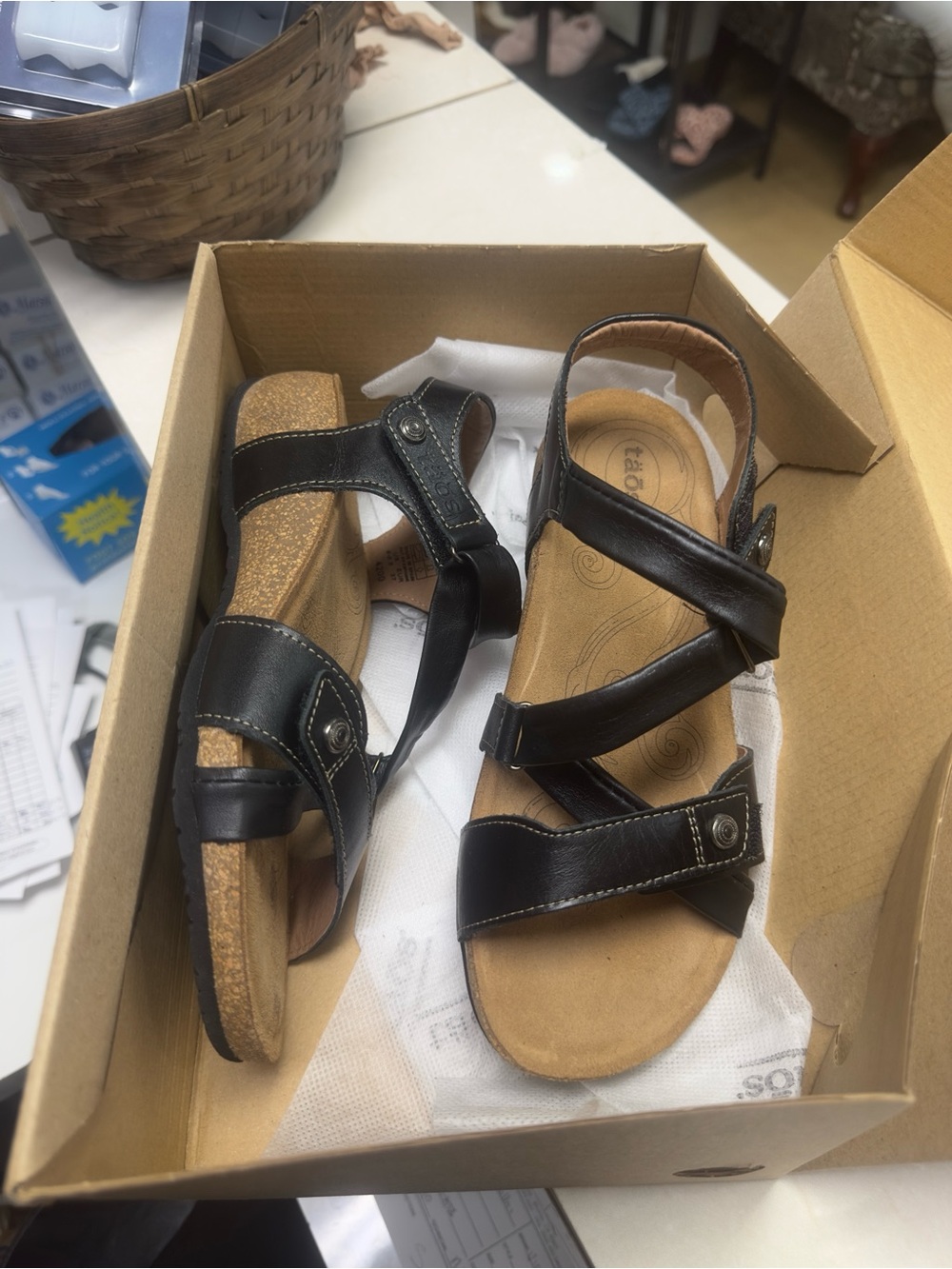 Taos Footwear Black Strappy Cork-Style Wedge Sandals